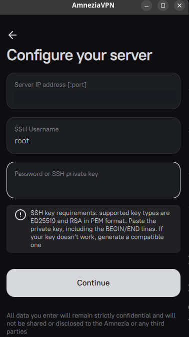 AmneziaVPN "Configure your server" screen: server IP, SSH username, and private key fields