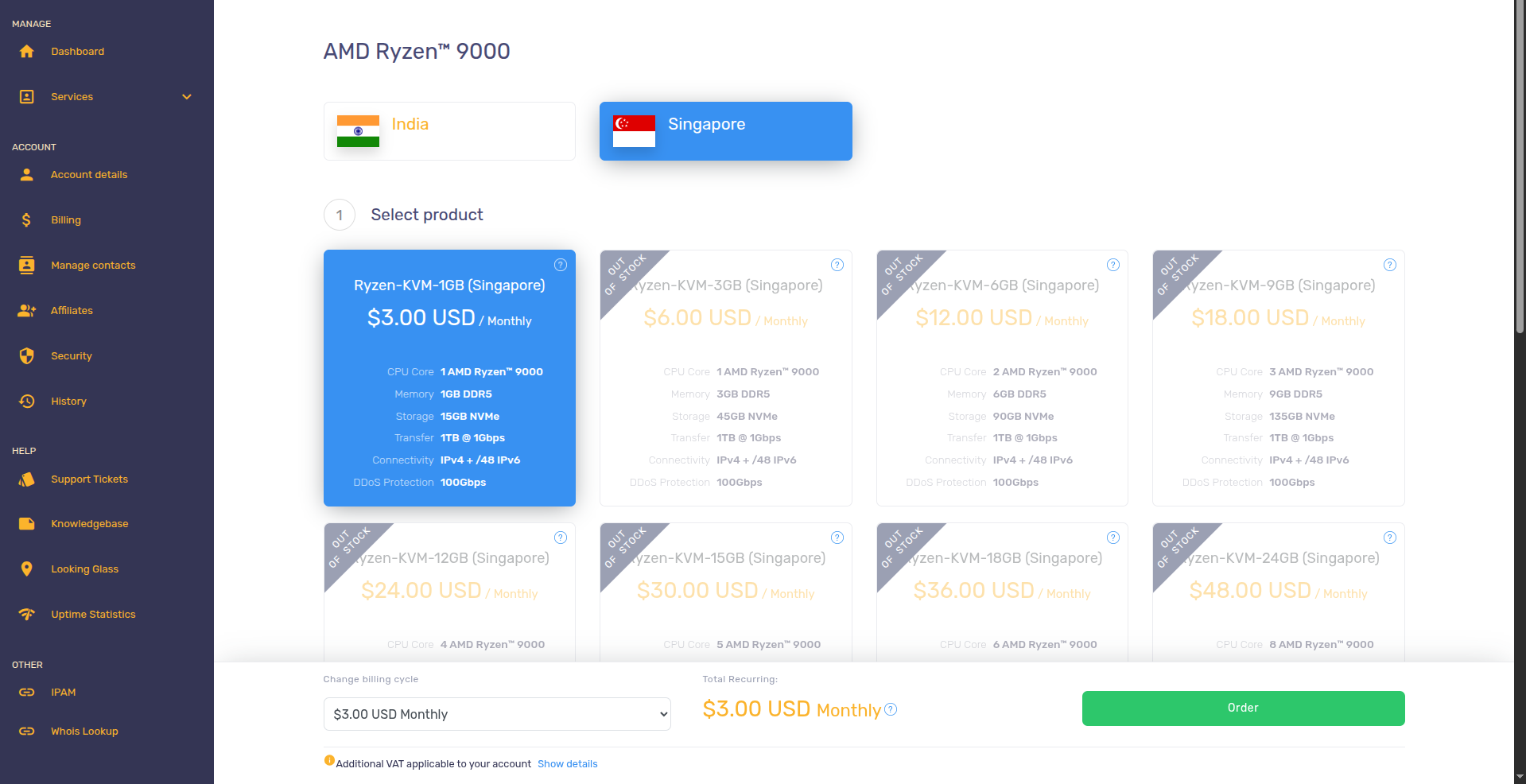 WebHorizon order page: Ryzen-KVM-1GB in Singapore for $3/month